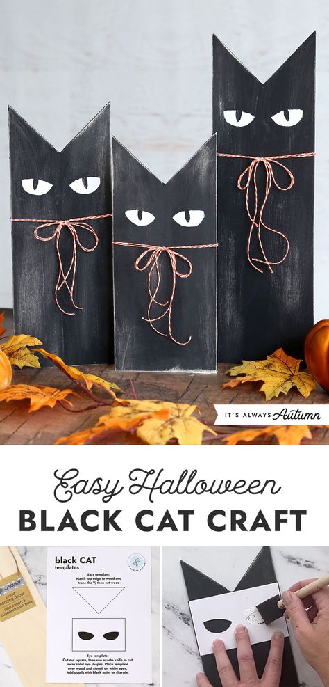 Turn supplies from the dollar store into adorable black cats for Halloween! Fun, easy Halloween craft idea. Halloween And Fall Crafts For Adults, Easy Wood Halloween Crafts, Black Cats For Halloween Crafts, Halloween Craft Sale Ideas, Diy Fall Decor To Make And Sell, Dollar Store Halloween Decorations Diy Outdoor Fun, Black Cat Wooden Craft, Black Cat Halloween Decorations Diy, Halloween Adult Craft Ideas