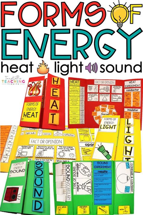 Energy Kindergarten Science, Heat Light Sound Energy Activities, Light And Sound Activities, Mechanical Energy Activities For Kids, Heat Energy Activities, Light Energy Activities, Energy Science Projects, Teaching Energy, Science Energy