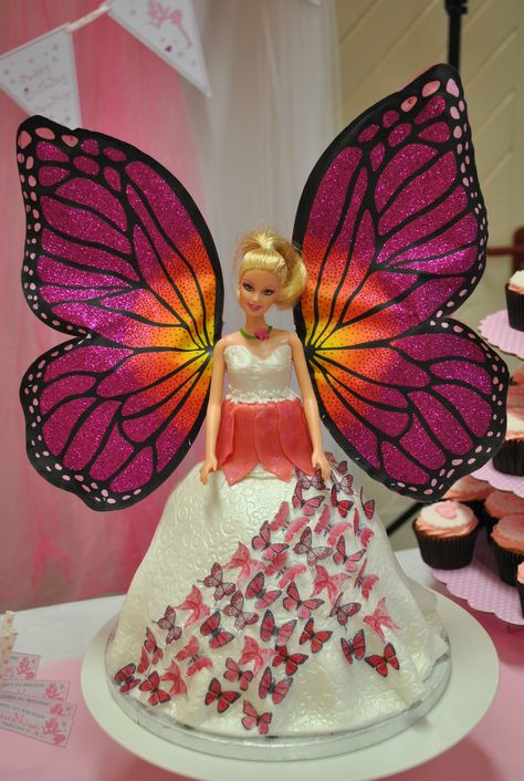 Barbie Mariposa Fairy Princess Cake Barbie Fairy Cake, Dolly Cakes, Fairy Princess Cake, Doll Cake Designs, Barbie Birthday Cake, Barbie Fairy, Barbie Theme Party, Barbie Doll Cakes, Bolo Barbie