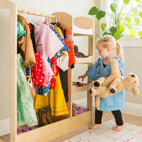 Costume Storage Kids, Kids Dress Up Station, Playroom Dress Up Area, Dress Up Clothes Organization, Kids Dress Up Area, Toddler Dress Up Station, Kids Dress Up Storage, Montessori Wardrobe, Dress Up Corner