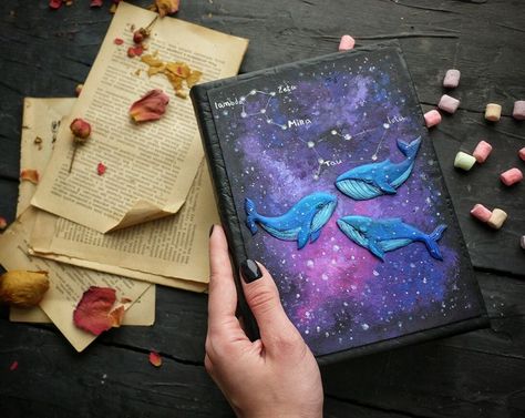 This leatherette journal is made entirely by hand. It's a unique notebook with handmade polymer clay cover. This journal was inspired by a cosmic landscape and whales.

You can buy it. Worldwide shipping. Write me. Constellations Aquarius, Polymer Journal, Cosmic Landscape, Polymer Clay Books, Unique Notebook, Handmade Diary, Polymer Clay Painting, Diary Covers, Art Journal Cover