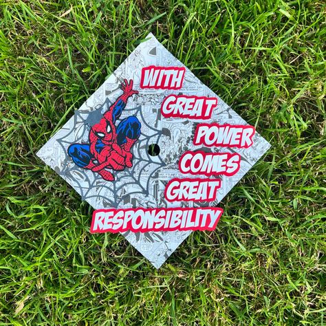 Another cap and lei combo 🕸️🕷️ DM to order your cap topper today 💌 #gradcapdesign #gradcapideas #spiderman #brotherscanncut #comic Spiderman Graduation Cap Ideas, Marvel Grad Cap, Marvel Graduation Cap Ideas, Spiderman Graduation Cap, Graduation Cap Decoration Diy, Grad Cap Designs, Grad Ideas, Cap Decoration, Grad Caps