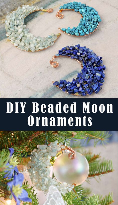 Beaded Ornament Idea: DIY Beaded Moon Christmas Tree Ornaments Diy Crescent Moon, Moon Christmas Tree, Beaded Moon, Diy Hand Soap, Beaded Ornaments Diy, Moon Christmas, Moon Ornament, Wire Ornaments, Ornament Diy