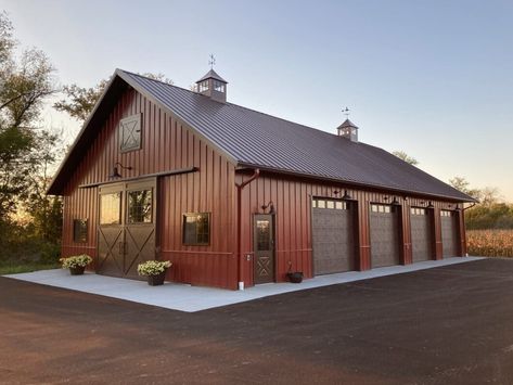 Large Shop Ideas, Metal Outbuilding Ideas, Red Iron Building Homes, Red Metal Building, Farm Shop Buildings, Metal Building Colors, Barn Loft Ideas, Barn Shop Ideas, Shop Building Ideas