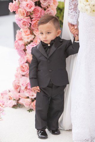 Ring Bearer Outfit Black, Ring Boy Outfits, All Black Tux, All Black Tuxedo, Rooftop Wedding Ceremony, Pride Weekend, Wedding Pants, Wedding In California, Inside Weddings