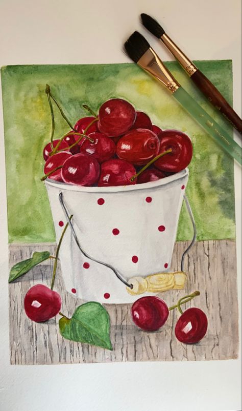 Another recent watercolour painting of mine. Red Watercolor Painting, Basket Painting, Painting Baskets, Cherries Painting, Basket Fruit, Painting Kitchen, Kitchen And Dining Room, Fruits Basket, Realistic Art