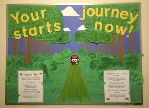 My very first bulletin board!! old school pokemon theme, with "Trainer Tips" for freshman year of college! #reslife #RA #bulletinboard #pokemon Ra Bulletin Board Ideas Freshman, Pokemon Bulletin Board, Billboard Ideas, Ra Decorations, Dorm Themes, Trio Art, Welcome Week, Class Themes, College Bulletin Boards