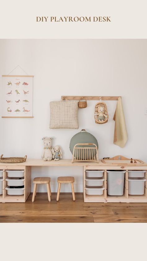 Tiffany Claire | Motherhood. Lifestyle. Home | Making a desk & storage out of Pine & Trofast *Save this for later* What you’ll need: - X2 TROFAST from IKEA - X2 Pine Panel 1800mmx… | Instagram Ikea Playroom Hack, Trofast Kids Room, Smastad Ikea, Trofast Table, Ikea Trofast Hack, Ikea Box, Trofast Storage, Ikea Trofast Storage, Trofast Ikea