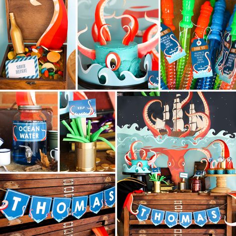 Kraken Birthday Party Decor | Sea Monster Party Decor – Sunshine Parties Sea Creature Party, Octopus Party, Dirt Bike Party, Rocket Party, Fireman Party, Party Themes For Boys, The Kraken, Birthday Party Set, Race Car Party