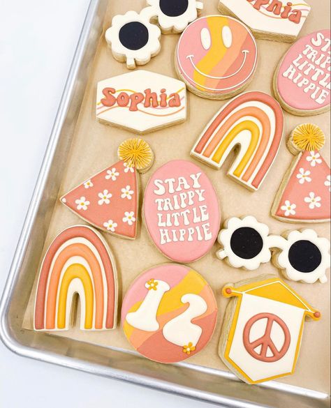 70s Birthday Cupcakes, Five Is A Vibe Birthday Party Cookies, Four Ever Groovy Cookies, Retro Birthday Cookies, 70s Themed Cookies, 4 Ever Young Party Theme Girl, Two Groovy Birthday Cookies, Cookies Boxes Packaging, Groovy Bday Cake