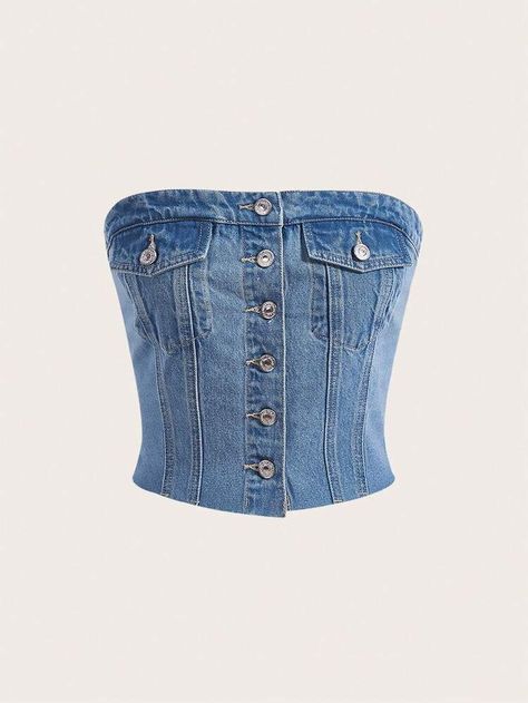 Flap Pocket Button Front Tube Denim Top $15.49 (... | SHEIN Jean Tops For Women, Crop Top Jeans Outfit, Denim Tube Top Outfit, Denim Tops Women, Jens Top, Jean Tube Top, Crop Tops With Jeans, Top Vaquero, Denim Top Outfit