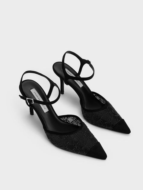 Black Classy Heels, Elegant Heels Classy, Charles And Keith Shoes, Elegant Shoes Heels, Charles And Keith, Classy Heels, Strap Flats, Mesh Heels, Online Shopping Shoes