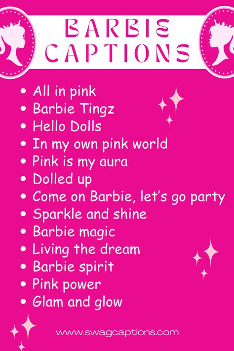 Barbie Captions and Quotes for Instagram Barbie Doll Quotes, Barbie Campaign Ideas, Barbie Username Ideas, Barbie Quotes Sassy, This Barbie Is Template, Barbie Words, Barbie Captions Instagram, Barbie Names, Barbie Slogan