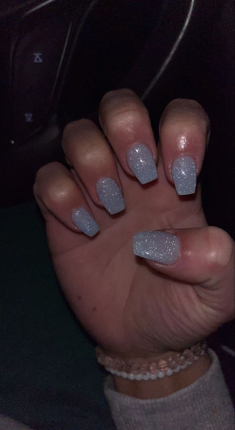 Solid Glitter Acrylic Nails, Nails To Go With Black Hoco Dress, Silver Nails Sns, Sparkle Light Blue Nails, Acrylic Nail Designs Silver Glitter, Hoco Nail Ideas Sparkly, Easy Homecoming Nails, Homecoming Nails For Blue Dress, Cute Simple Hoco Nails