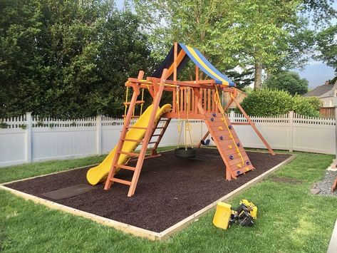 rubber mulch (wood border) Mulch Playground Area, Mulch Play Area, Playground Border Ideas, Playground Border, Outdoor Kids Play Area, Playground Surface, Backyard Kids, Rubber Mulch, Playground Areas