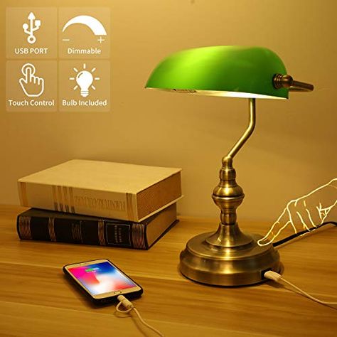 Bankers Desk Lamp, Usb Lamp, Bankers Lamp, Dimmable Table Lamp, Office Library, Cool Lamps, Vintage Green Glass, Antique Lamps, Led Desk Lamp