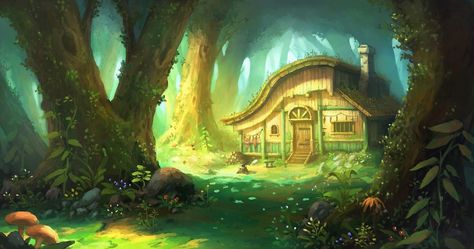 Fantasy House Artistic Forest Cottage Tree Flower Wallpaper Hunters Cabin, Forest Cottage, Wallpaper Cartoon, Bg Design, Forest Cabin, Forest Background, Fantasy Forest, Cottage Art, Fantasy House