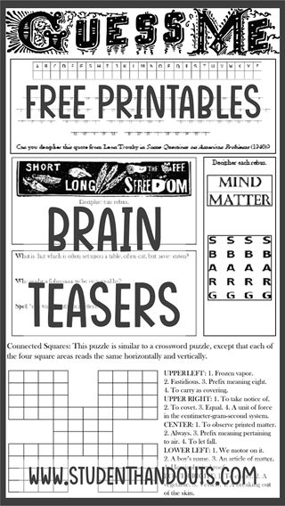 Free Printable Brain Teasers and Puzzles with Answers | Student Handouts Brain Teasers For Middle School Students, Brain Teasers For Adults With Answers, Brain Teasers And Answers, Picture Puzzles Brain Teasers, Escape Challenge, Mind Games Puzzles, Logic Puzzles Brain Teasers, Printable Brain Teasers, Classroom Corner