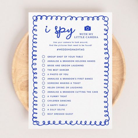 Printable Blue I Spy Wedding Photo Hunt Game Program Picture Scavenger Hunts, Wedding I Spy, Spy Wedding, Hunting Wedding, Reception Activities, Photo Scavenger Hunt, Blue Minimalist, Paper Games, Wedding Hashtag