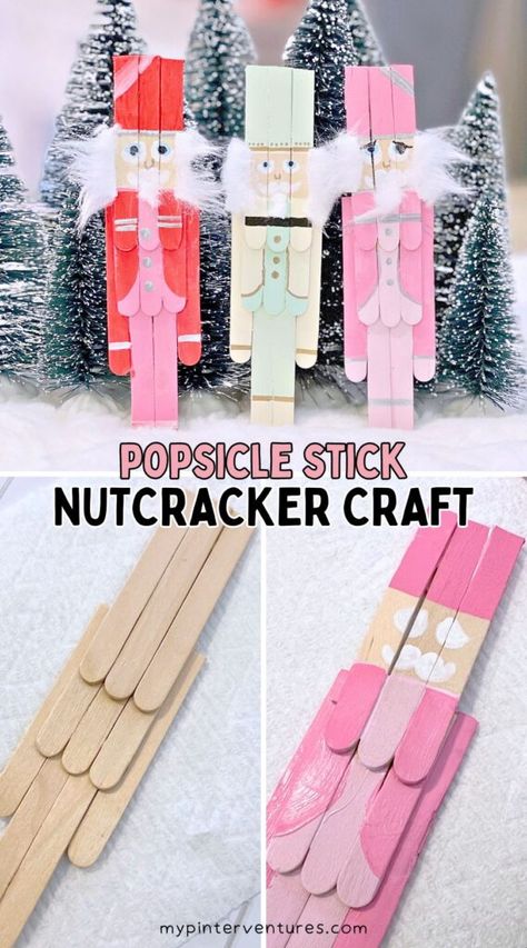 How to make Popsicle Stick Nutcrackers. A fun Christmas Craft to make holiday decorations or Christmas ornaments. Great craft to do with the family. #kidscrafts #christmas #nutcracker Popsicle Stick Crafts Christmas Ornament, Arts And Crafts Christmas Decoration, Lollipop Stick Craft Christmas, Gingerbread House Popsicle Sticks, Nutcracker Popsicle Stick Craft, Popsicle Stick Ornaments Diy, Nutcracker Ornaments Diy Kids, Christmas Popsicle Stick Crafts For Kids, Popsicle Stick Crafts For Kids Christmas