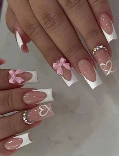 Bow Nail Designs, Girly Acrylic Nails, French Acrylic Nails, Creative Nail Designs, Latest Nail Art, Nail Supplies, Bridal Nails, Prom Nails, Fancy Nails