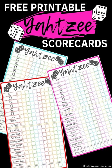 Free Printable YAHTZEE Scorecards - Bright & Colorful for Kids & Adults - Adorable bright & colorful free printable Yahtzee scorecards, available in 3 different color schemes. Perfect for summer fun, road trips, or 72-hour kits!  Great boredom buster for kids and adults! -PlanForAwesome Trash Card Game, Yahtzee Rules, Cute Dinosaur Coloring Pages, Yahtzee Score Card, Yahtzee Score Sheets, Couples Games, Yahtzee Game, Boredom Busters For Kids, 72 Hour Kits