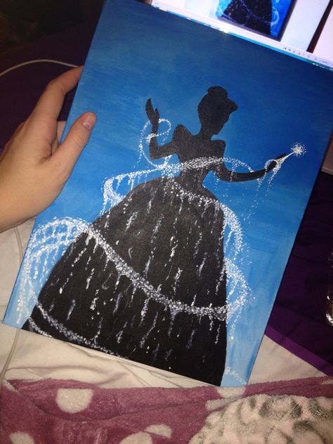 Cute Disney Paintings On Canvas, Silhouette Painting Tutorial, Cinderella Canvas Painting, Easy Princess Painting, Disney Painting Tutorial, Disney Scenes To Paint, Cinderella Painting Ideas, Disney Princess Paintings Easy, Princess Painting Ideas