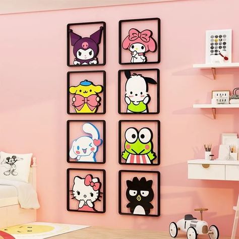 collection of 8 wall stickers with Sanrio characters inside a black frame. The characters are hello kitty, cinamoroll, Kuromi, my melody, pompompurin, pochaco, keroppi, and batzmaru Sanrio Wall Decoration, Hello Kitty And Friends Room Decor, Cute Wall Stickers Decor, Hello Kitty And Friends Bedroom, Sanrio Room Decor Ideas, Hello Kitty Wall Stickers, Sanrio Wall Art, Hello Kitty Bedroom Decor Wall Art, Kuromi Room Decor Diy