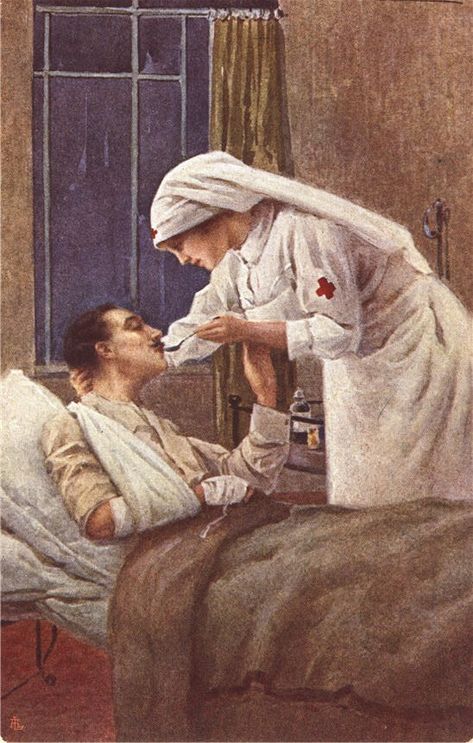 White female nurse holding a spoon to the mouth of a wounded White male soldier in bed. Ww1 Posters, Female Nurse, Male Soldier, Nurse Art, Florence Nightingale, Vintage Nurse, American Red Cross, Medical Art, Medical Aesthetic