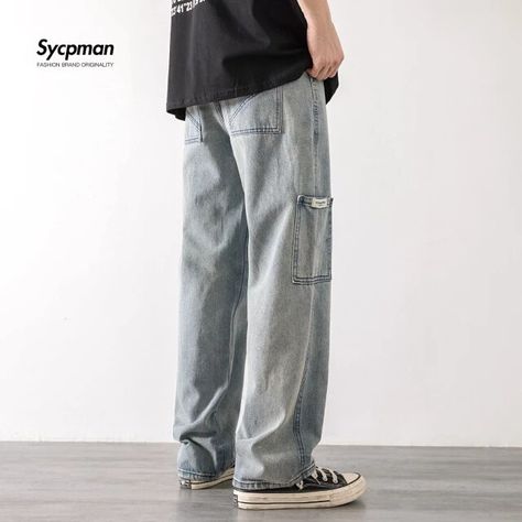 Jeans Men Fashion, Cargo Pants Jeans, Men Fashion Brand, Straight Cargo Pants, Wide Leg Overalls, Slim Fit Suit Pants, British Style Men, Jean Large, Skirt And Sneakers