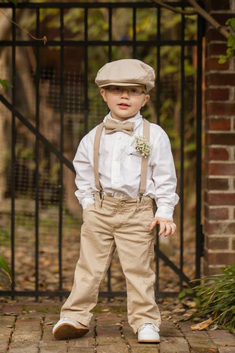 Ring bearer Groomsmen Newsboy Hats, Ring Bearer Khaki Pants, Champagne Ring Bearer Outfit, Tan Ring Bearer Suit, Bearers Outfit Wedding, Ring Barrier Ideas Boys, Boho Ring Bearer Outfit, Ring Bearer Outfit Fall, Ring Boy Outfits