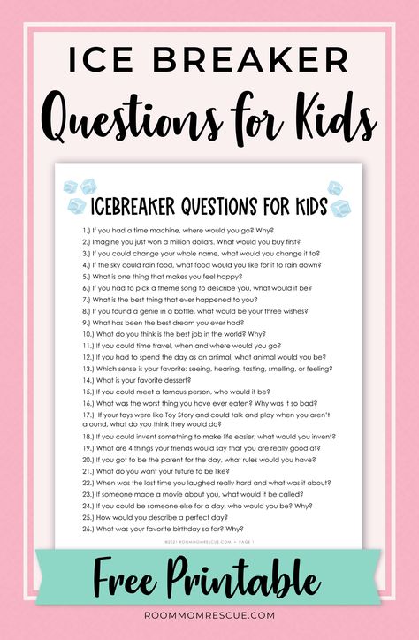 Check out these 100 funny icebreaker questions for kids to get to know each other! These fun icebreaker questions will help your students get to know each other. Fun & simple ice breaker will get your student talking! Best ice breaker questions for kids. Get the best ideas for teacher resources, school and classroom activities, and resources for elementary schools at roommomrescue.com! Life Skills Ice Breakers, Ice Breaker Questions For Kids, Fun Icebreaker Questions, Funny Icebreaker Questions, Classroom Icebreakers, Icebreakers For Kids, Kid Activites, Character Building Activities, Icebreaker Questions