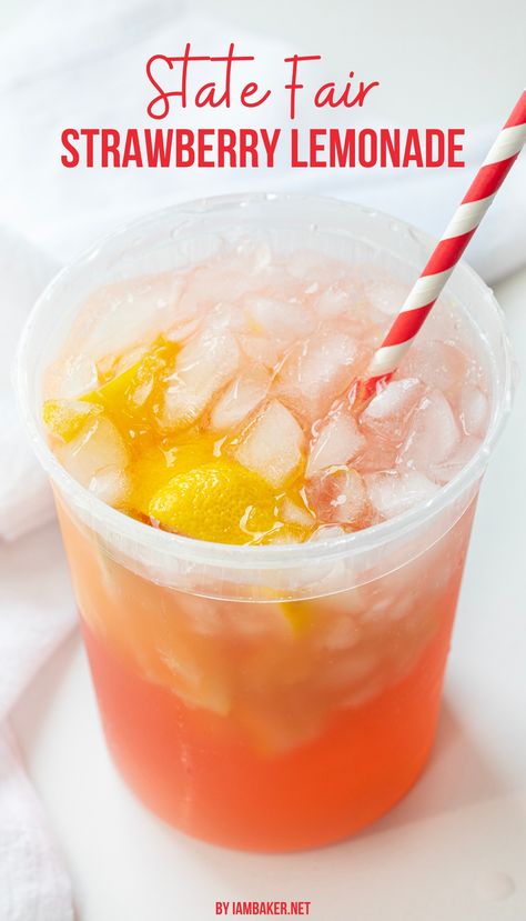 A jar filled with a large serving of strawberry lemonade, with a red and white striped straw, sitting on a white surface. Fair Lemonade, Lemonade Strawberry, Cold Drinks Recipes, Peach Lemonade, I Am Baker, Lemonade Drinks, Cherry Limeade, Fresh Lemonade, Beverage Recipes