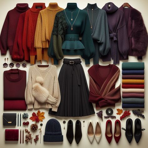 Image Creator Fall Aesthetic Accessories, Warm Dark Autumn Color Palette, Jewel Tone Academia Outfit, Deep Winter Clothes Style, Deep Autumn Color Palette Outfits For Spring, Fall Palette Outfits, Warm Deep Autumn Color Palette, Autumn Pallete Outfits, Earthy Tones Outfit Womens Fashion