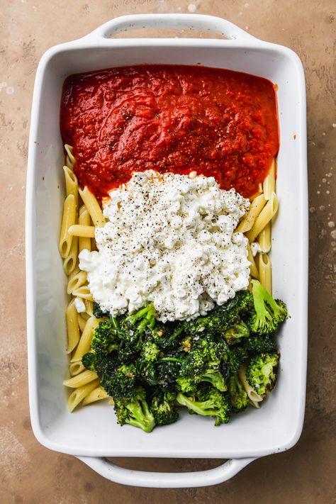 Easy Cottage Cheese Pasta Bake | Walder Wellness, RD Cheese Pasta Bake, Cottage Cheese Pasta, Cottage Kitchen Ideas, Broccoli Spinach, One Pot Dinners, Cottage Cheese Recipes, Cheese Pasta, Pasta Bake, Vegetarian Dinner