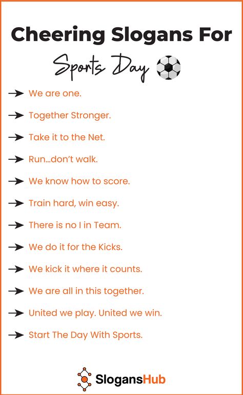 Cheering slogans for Sports Day are the best way to promote the hard work of champions. A stronger, powerful slogan motivates them to compete with their opponent in all situations.  So show your care and love to your team by using cheering slogans for sports days.  We are one. Together Stronger. Take it to the Net. School Traditions, Slogan Ideas, Sports Slogans, Team Slogans, Business Slogans, Catchy Slogans, Sports Day, Sport Quotes, Perfect Word