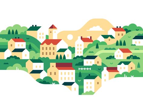 Flat Landscape Illustration, Alex Pasquarella, Village Illustration, Town Illustration, Illustration House, Village Landscape, Illustration Landscape, City Illustration, Landscape Artwork