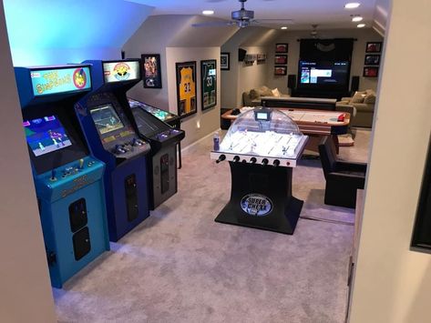 Toy And Game Room Ideas, Theater And Game Room Ideas, In Home Game Room, Game Room Attic, Huge Gaming Room, Garage Arcade Room, Home Arcade Ideas, Basement Video Game Area, Dream Basement Game Room