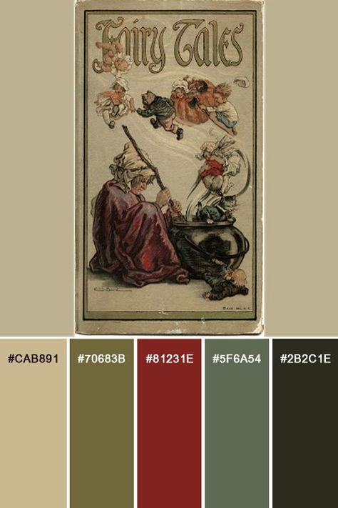 Fairy tales old book cover color palette Old Vintage Color Palette, Library Aesthetic Color Palette, 19th Century Color Palette, Antique Colors Palette, Vintage Art Color Palette, 1800 Color Palette, Old Book Color Palette, Fairy Colors Palette, Old Fashioned Color Palette