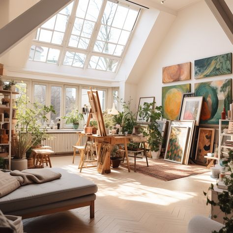 Contemporary Art Studio, Art Studio Library, Beautiful Art Studio, Art Studio Setup Ideas, Artists Living Room, Minimalist Artist Studio, Artists Apartment Aesthetic, Art Loft Artist Studios, Seamstress Room