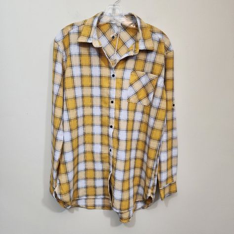 Yellow Plaid Shirt, Small Flat, Yellow Plaid, Small Details, Front Tie Top, Button Front Shirt, Printed Sleeves, Black Button, Black Plaid