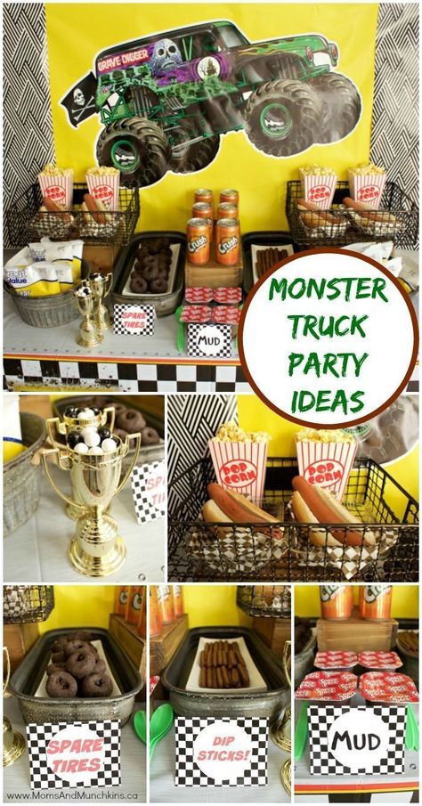 Monster Truck Theme Birthday Party, Monster Truck Birthday Party Ideas, Truck Birthday Party Ideas, Monster Jam Birthday Party, Food Favors, Monster Truck Birthday Party, Monster Jam Birthday, Monster Jam Party, 4de Verjaardag