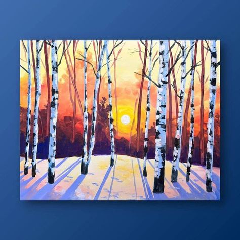 New Paintings Snow Sunrise, Snow And Sun, Solstice Art, Painting Videos Tutorials, Sun Painting, One Point Perspective, Point Perspective, Paint Night, Time Painting