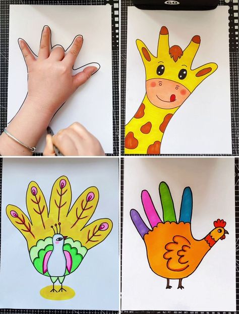 Animal Hand Drawing, Hand Animals Drawing, Kids Drawing Activities, Kids Animal Drawing, Creative Animal Drawings, How To Draw Animals For Kids, Kids Drawings Easy, Drawing Ideas Easy Kids, Animal Activities Preschool