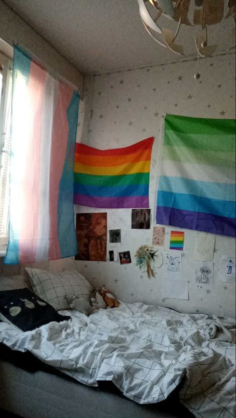 Pride Flags In Bedrooms, Pride Flag Aesthetic Room, Pride Flag Bedroom Aesthetic, Pride Flag Room Decor, Pride Flag In Room, Pride Flag Bedroom, Pride Bedroom Ideas, Gay Room Aesthetic, Lgbtq Room Ideas