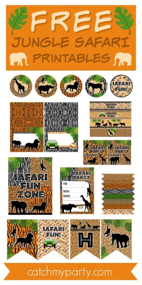 Jungle safari parties are all the craze right now. Everywhere you look there's a  jungle safari themed baby shower or wild one 1st birthday party on CatchMyParty. This is why I'm so excited about sharing these awesome FREE jungle safari printables for you to use to decorate your parties with. The design is so cool with animal prints and silhouette wild animals, such as lions, hippos, and giraffes. Just what you need for a fantastic jungle safari party! See more party ideas and share yours at Cat Wild One 1st Birthday Party, Safari Party Favors, Safari Birthday Party Decorations, Wild One 1st Birthday, Jungle Theme Classroom, Jungle Theme Birthday Party, Jungle Thema, Jungle Safari Birthday, Jungle Theme Parties