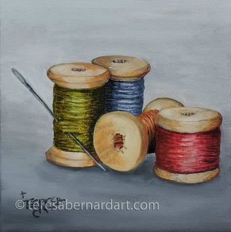 vintage sewing thread still life Spool Art, Paintings With Sewing, Sewing Painting, Thread Drawing, Sewing Needle Drawing, Spool Of Thread Drawing, Needle And Thread Drawing, Spool Of Thread, Sewing Machine Watercolor