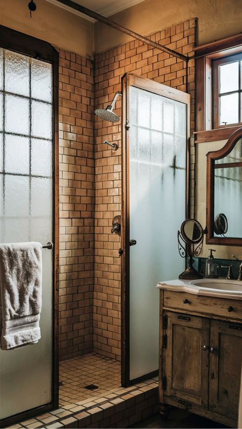 Rustic Shower Room, Rustic Bathroom Decor Ideas, Vintage Fixtures, Rustic Shower, Timeless Bathroom, Bathroom Retreat, Antique Mirrors, Rustic Bathroom Decor, Warm Lighting