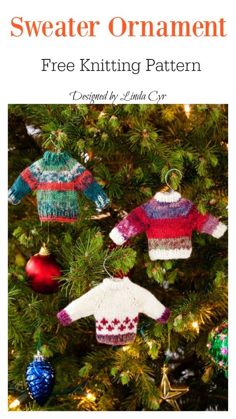 7 Tiny Sweater Ornament Free Knitting Pattern - Page 2 of 2 Ugly Christmas Sweater Ornament, Christmas Knitting Projects, Sweater Ornaments, Knit Christmas Ornaments, Knitted Christmas Decorations, Christmas Knitting Patterns Free, Miniature Knitting, Knitted Toys Free Patterns, Unique Sweater