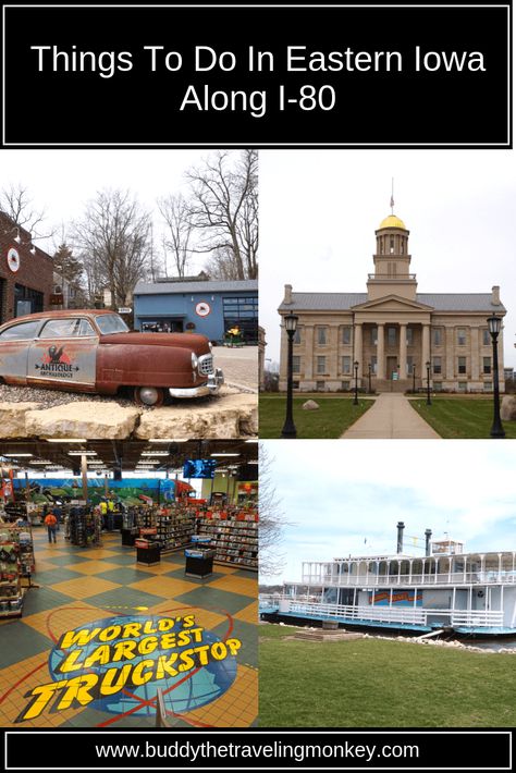 There are a lot of unique things to do in Eastern Iowa along I-80. See the American Pickers store, museums, wineries, a giant truck stop, and much more! #travel #Iowa #roadtrip #IowaCity #Davenport #LeClaire via @BuddyTTMonkey Giant Truck, Traveling Destinations, Iowa Road Trip, Iowa Travel, Davenport Iowa, Best Travel Insurance, Truck Stop, American Pickers, Travel America